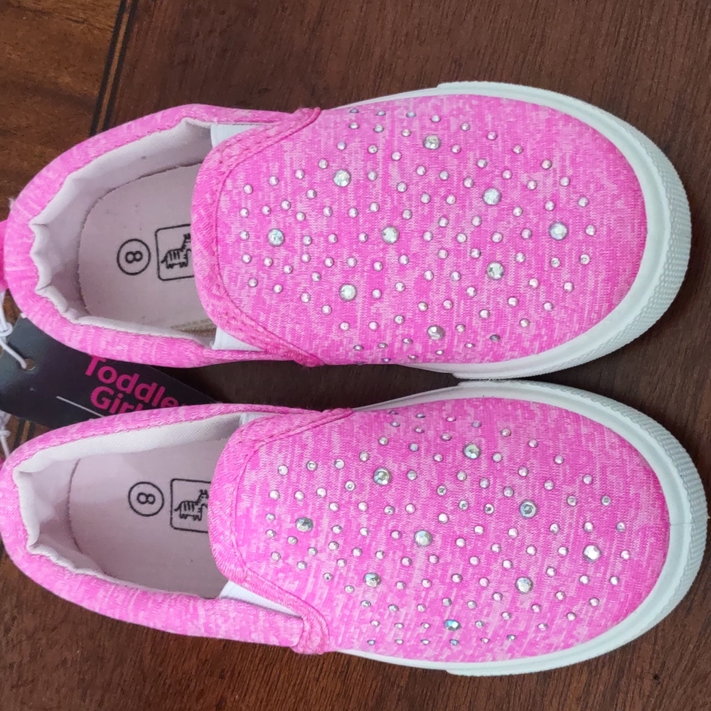 Toddler slip on sneakers/tennis shoes. Sparkle silver in pink.
